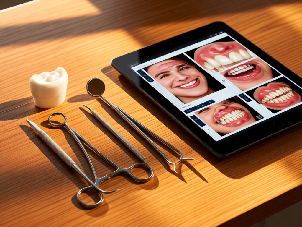 Neatly arranged dental instruments beside a digital tablet showing clinical images. Warm wood surface. Golden hour light creates clean shadows.