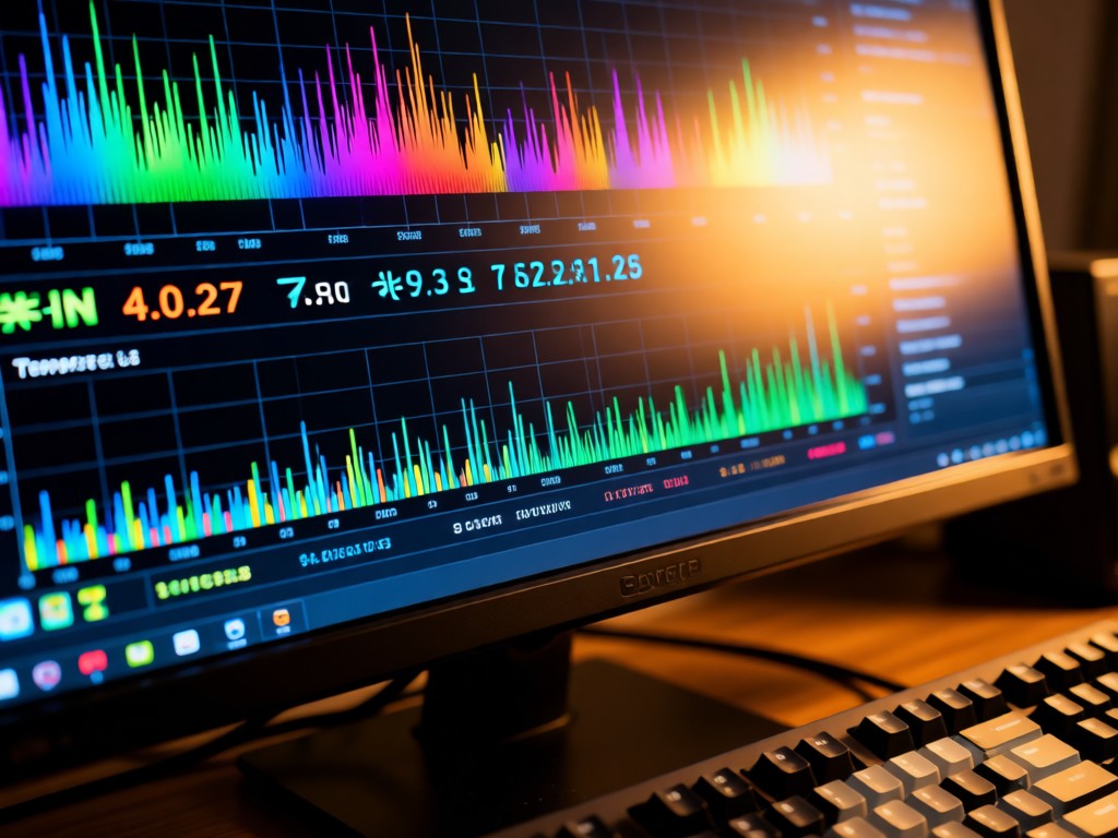 Close-up of a monitor displaying colorful performance graphs and temperature readings. Warm light reflects on the anti-glare screen. Mechanical keyboard partially visible. No people.