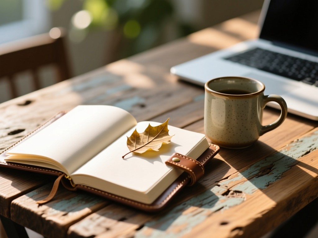 An open leather journal with a pressed leaf bookmark beside a ceramic mug on a reclaimed wood table, afternoon sun illuminating blank pages, soft bokeh background, cozy workspace aesthetic.