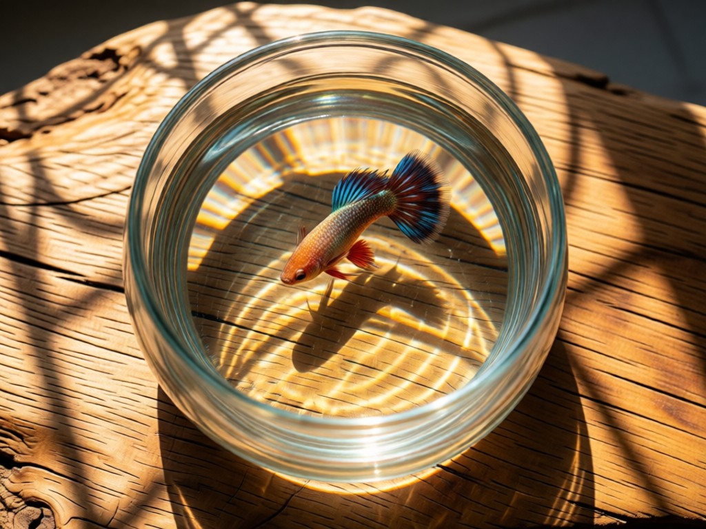 Aerial view of a single exotic guppy swimming in a shallow planted bowl resting on natural wood. Sunlight creates dappled patterns through water. Symbolizes focus and having your aquatic world in one place. No people.