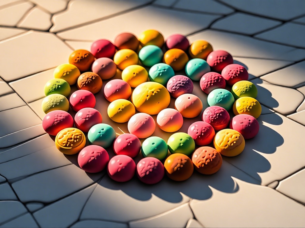 A close-up of diverse colorful peeps candies arranged like a mosaic on a marble surface. Soft shadows emphasize texture under golden hour light. No people.