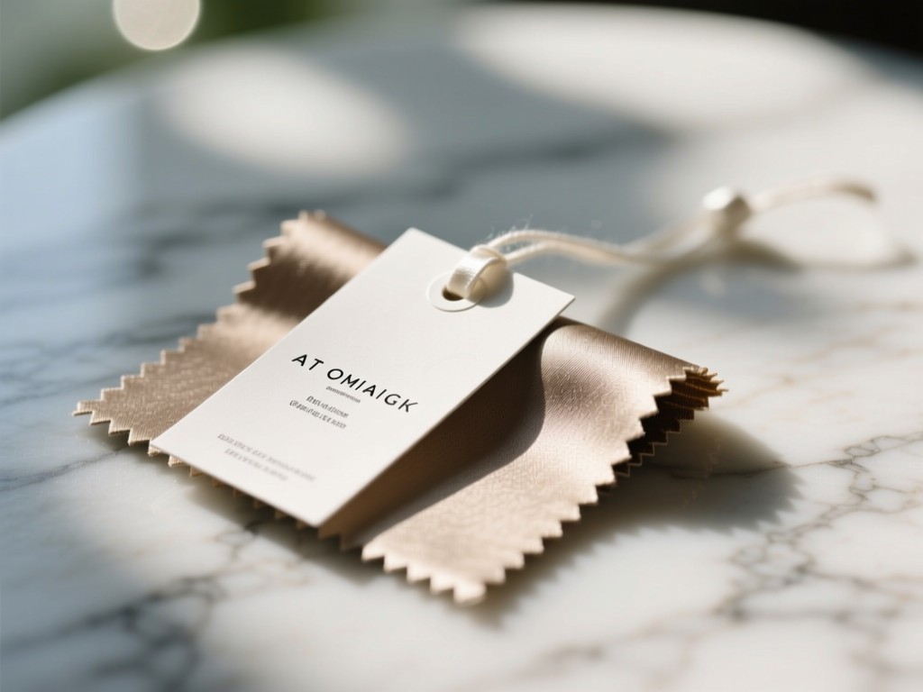 A minimalist clothing tag attached to a premium fabric swatch on marble. Soft focus background with subtle bokeh. Natural lighting. No people.