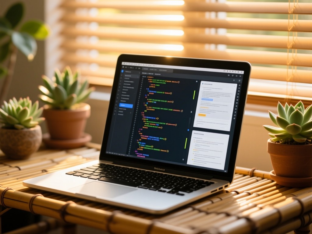 Macbook on a bamboo desk at golden hour, screen showing organized code snippets and research papers, warm sunlight through window blinds, succulents in background, shallow depth of field, natural lighting.