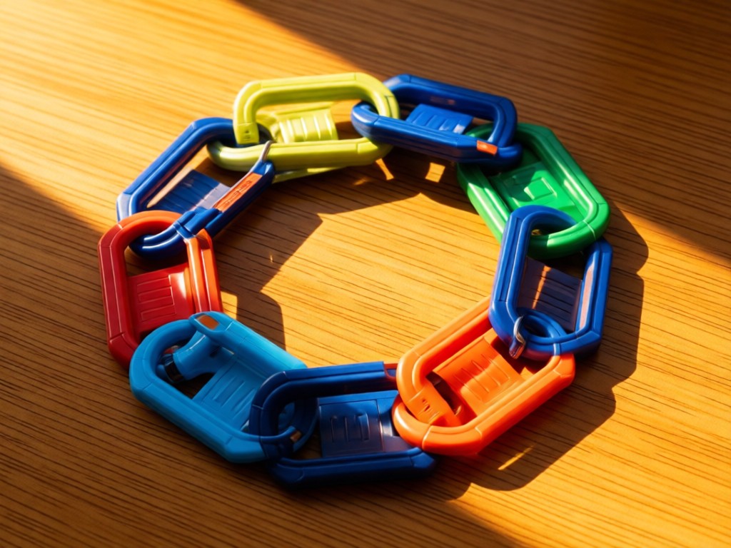 Stylish flat lay of Switch game cartridges arranged like chain links. Golden hour light enhances vibrant cartridge colors against a wood surface. No text.