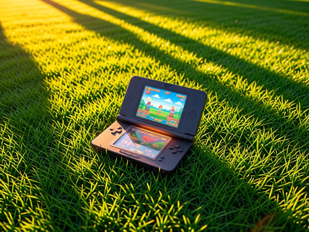 Aerial view of a Nintendo DS console placed on vibrant green grass during sunset. The open console glows with game visuals. Scene symbolizes focus and passion. Long shadows stretch across field. No people.