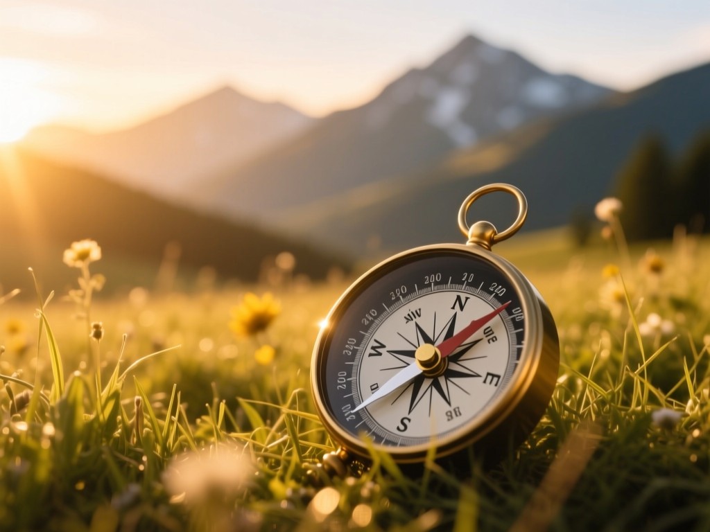 A compass in a sunlit meadow at golden hour, pointing toward distant mountains, soft focus background, symbolizing discovery and direction, warm natural lighting, no text.