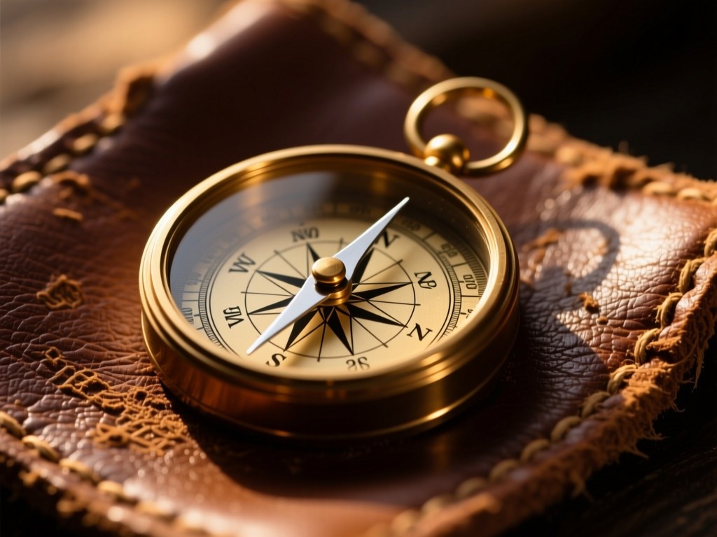 A compass on weathered leather at golden hour, needle pointing north amid soft shadows, warm bronze tones against deep brown, symbolic of discovery, minimalist composition.
