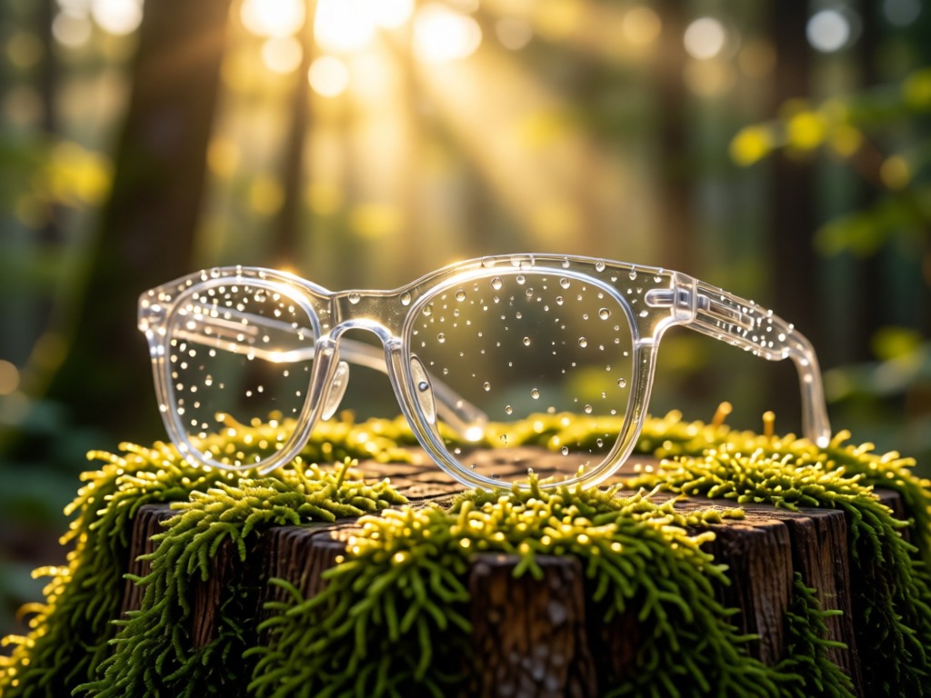 Close-up of owl glasses on a moss-covered tree stump. Morning dew glistens on acetate frames. Shallow depth of field emphasizes craftsmanship. Golden light filters through forest canopy. No people.