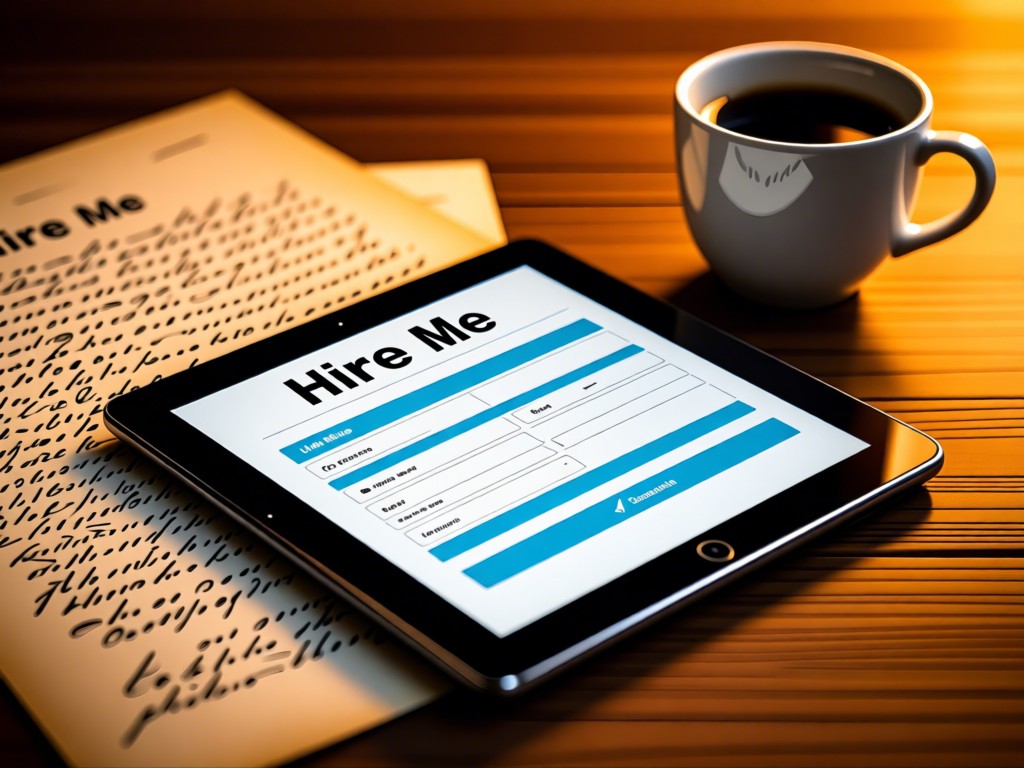 A sleek tablet showing a 'Hire Me' form next to vintage script pages. Soft focus on a coffee cup in golden light. Professional yet approachable.