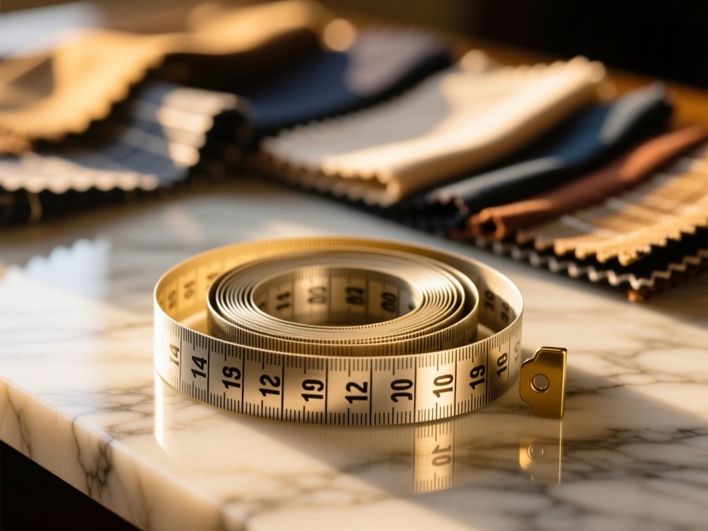 A sleek tailor's measuring tape coiled on a marble surface. Golden hour light highlights its metallic sheen. Blurred fabric swatches in background. No people.