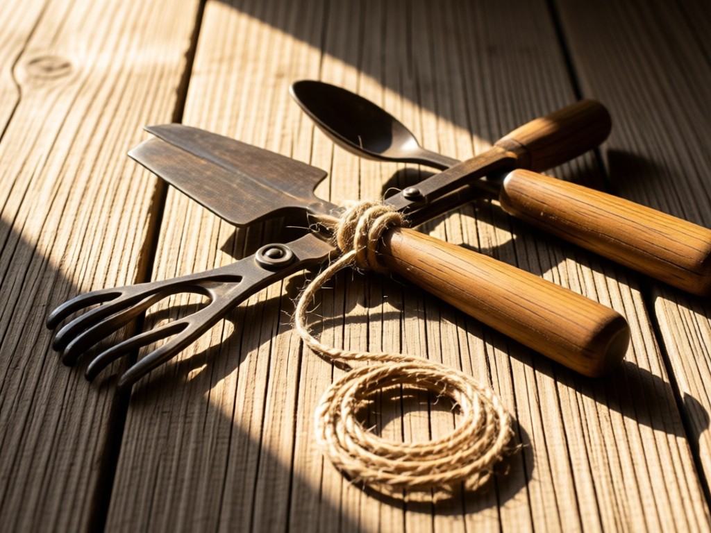 Vintage kitchen tools linked with twine on a reclaimed wood surface. Afternoon sun highlights textures. No people.