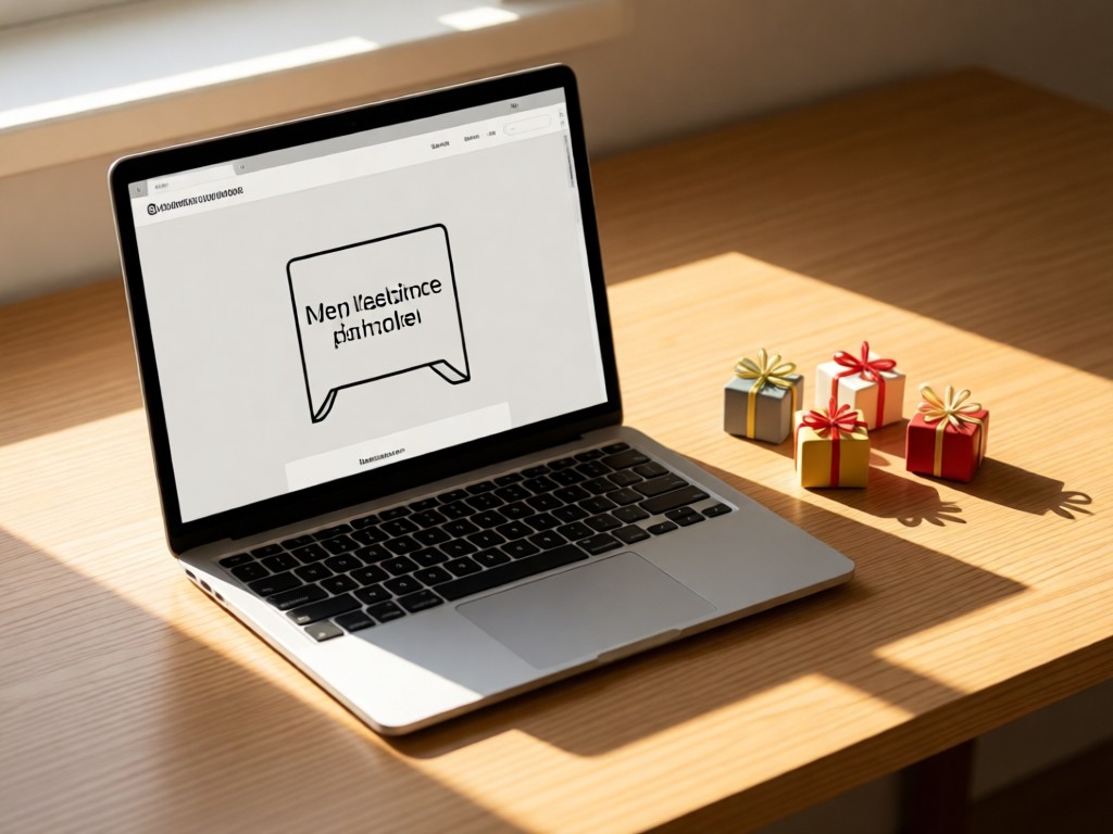 An open laptop showing a simple product page next to miniature gift boxes. Warm sunlight streams across the desk, creating playful shadows. Focus on simplicity and functionality. No people.