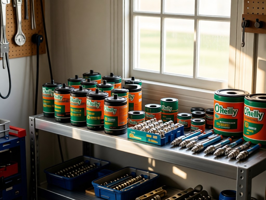 Neatly arranged O'Reilly's oil filters and spark plugs on a metal garage shelf. Soft sunlight highlights textures through a high window. Clean workshop environment with no people.