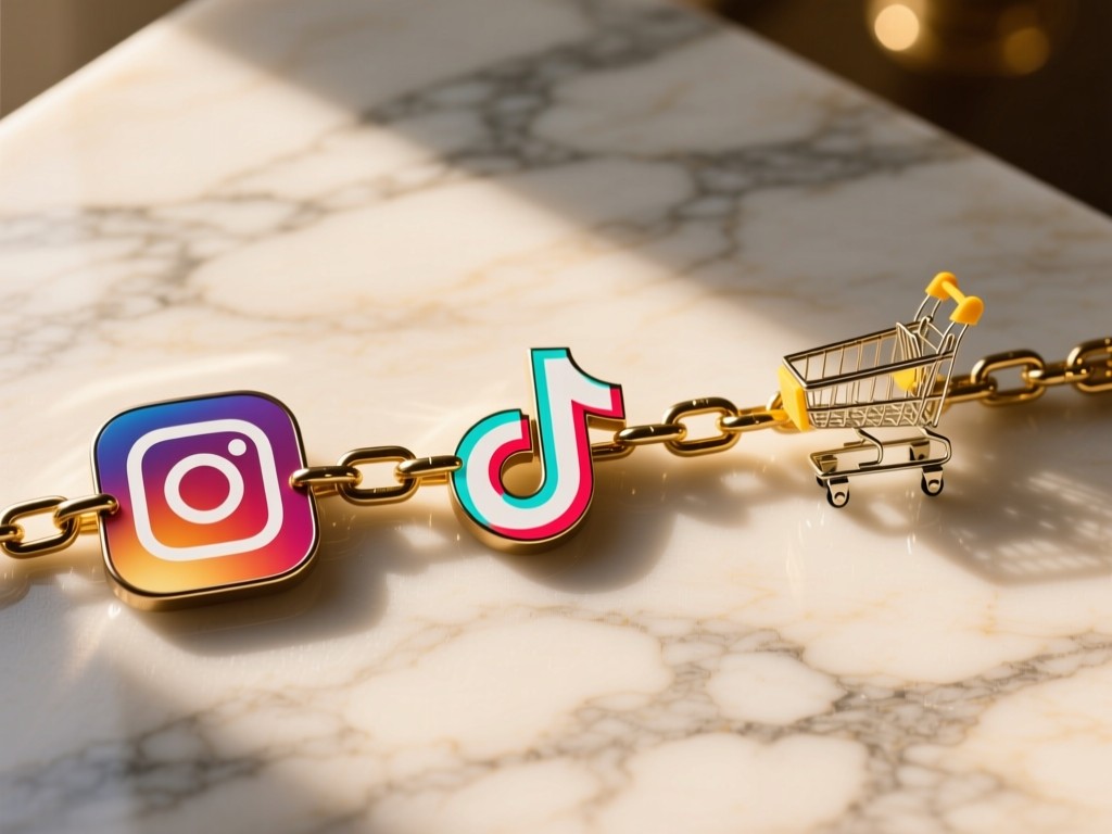 A flatlay of three connected chain links on marble surface. One link shaped like Instagram icon, another as TikTok, third as shopping cart. Soft shadows, warm daylight.