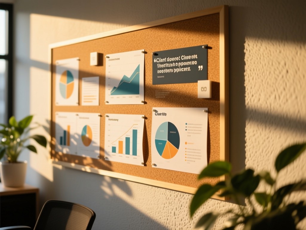 An angled view of a cork board displaying infographic charts and client quotes. Golden hour light creates long shadows on a textured wall. Minimalist office plants in soft focus. Professional clarity. No people.
