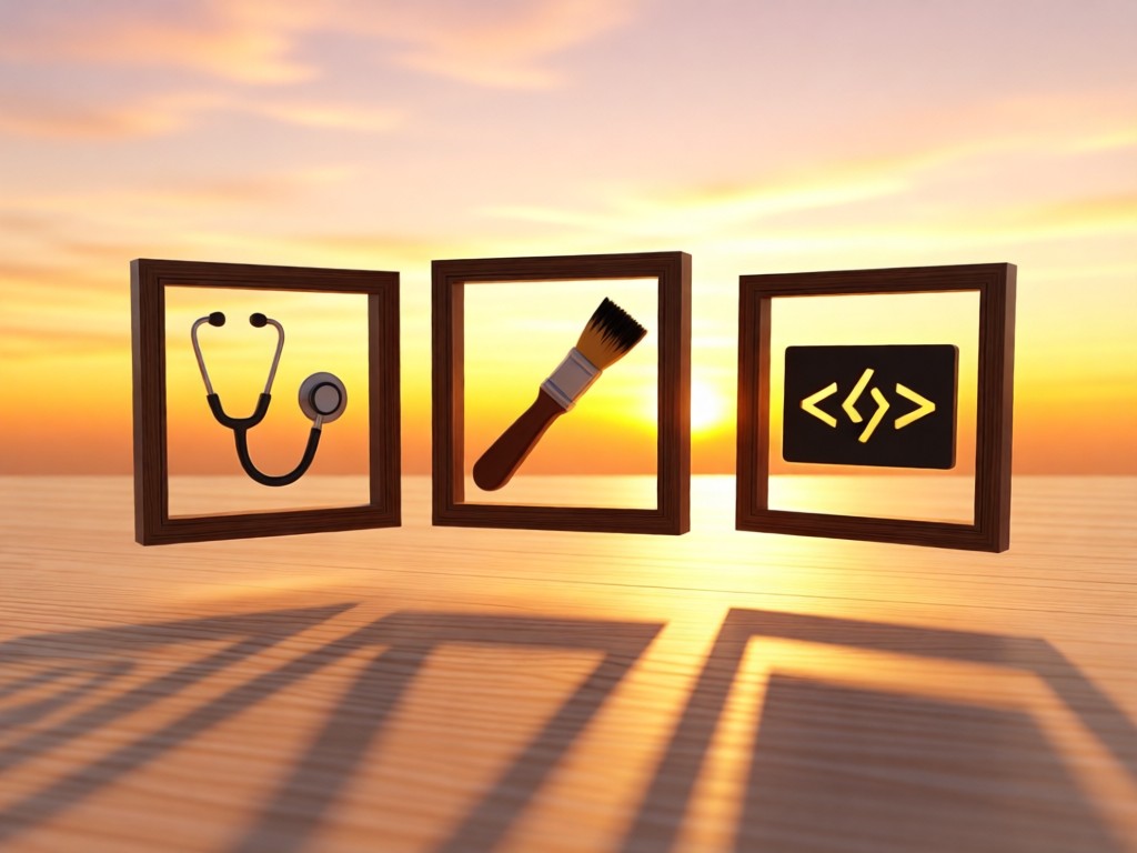 Three floating frames showing different career symbols: stethoscope, paintbrush, and coding icon. Soft shadows cast on a clean wooden background during sunset. No people.