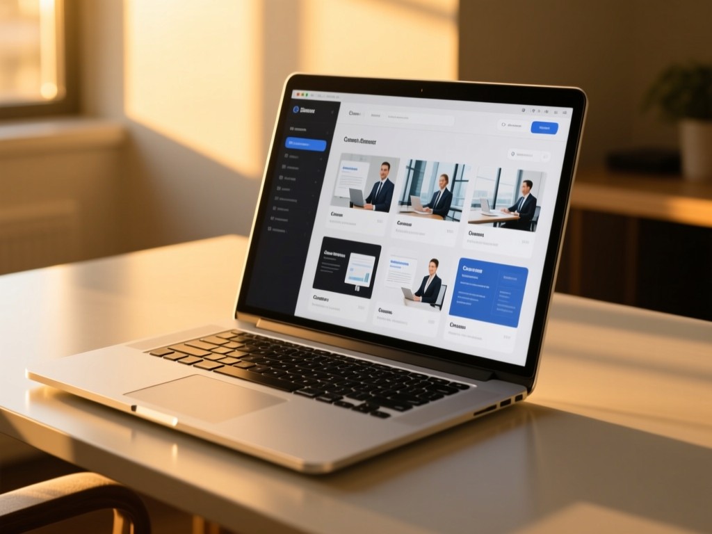 Sleek laptop open on minimalist desk at golden hour, screen showing organized business portfolio with case study thumbnails, warm sunlight highlighting metallic accents, shallow depth of field, no text.
