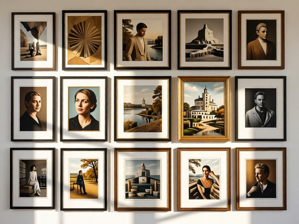 A curated wall gallery with framed artwork and photographs arranged in a clean grid. Natural sunlight highlights the textures. No people visible.