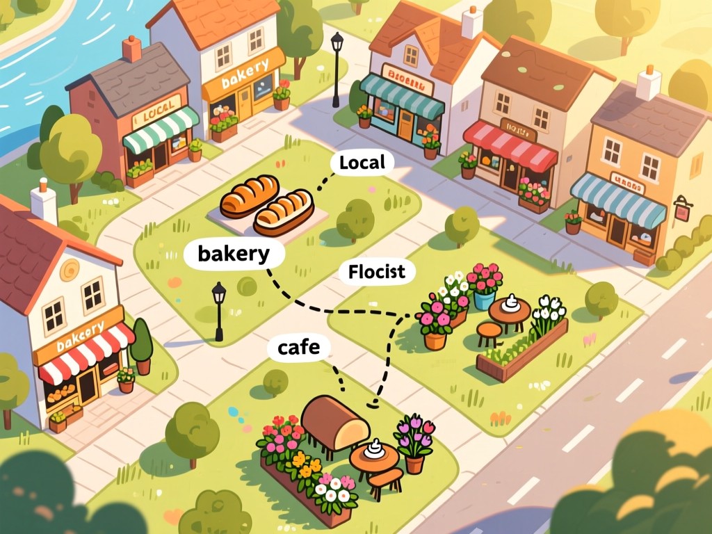 An aerial view of a hand-drawn map showing diverse local shops (bakery, florist, cafe) connected by paths. Warm afternoon light, vibrant but natural colors. Symbolizes community and discoverability.