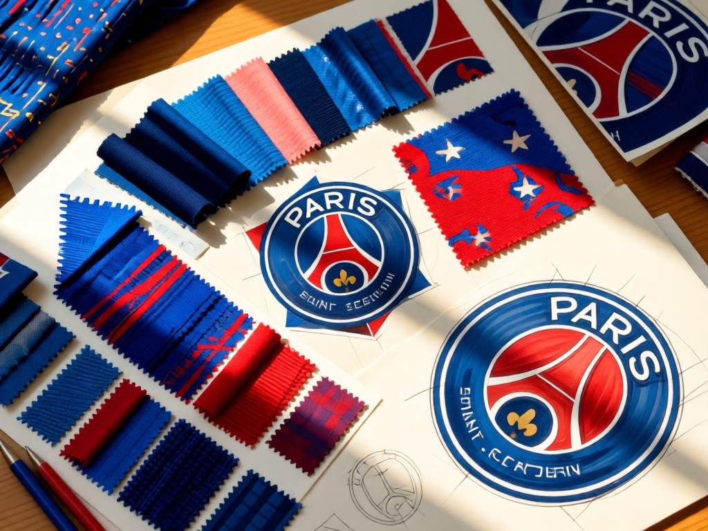 A designer mood board featuring PSG's blue and red colors. Fabric swatches and crest sketches under warm natural light. No people.