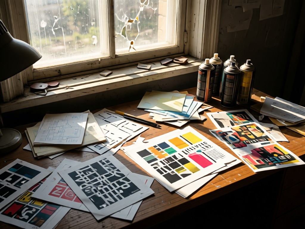 Messy desk with stencils, torn zines, and spray cans. Natural light through a grimy window illuminates paper debris. No people.