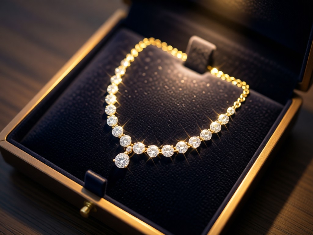 An aerial view of a single diamond necklace arranged on dark velvet in a jewelry box. Warm spotlight creates brilliant reflections. Shallow depth of field blurs the box edges. Symbolizes exclusivity and value.