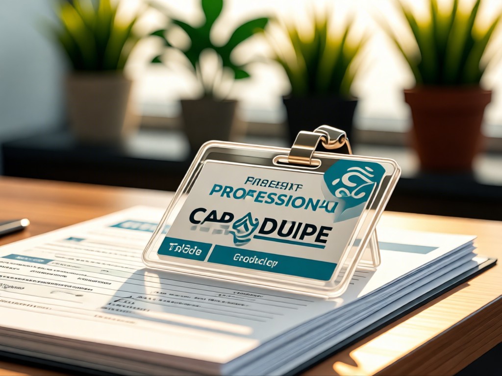 Close-up of a professional supplier badge resting on product documentation, with warm sunlight creating a clean, trustworthy atmosphere. Blurred office plants in background. No people.