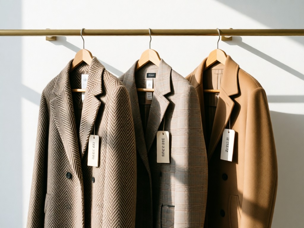A minimalist clothing rack displaying three designer coats with elegant sale tags. Natural light highlights fabric textures against a clean white wall. No people.
