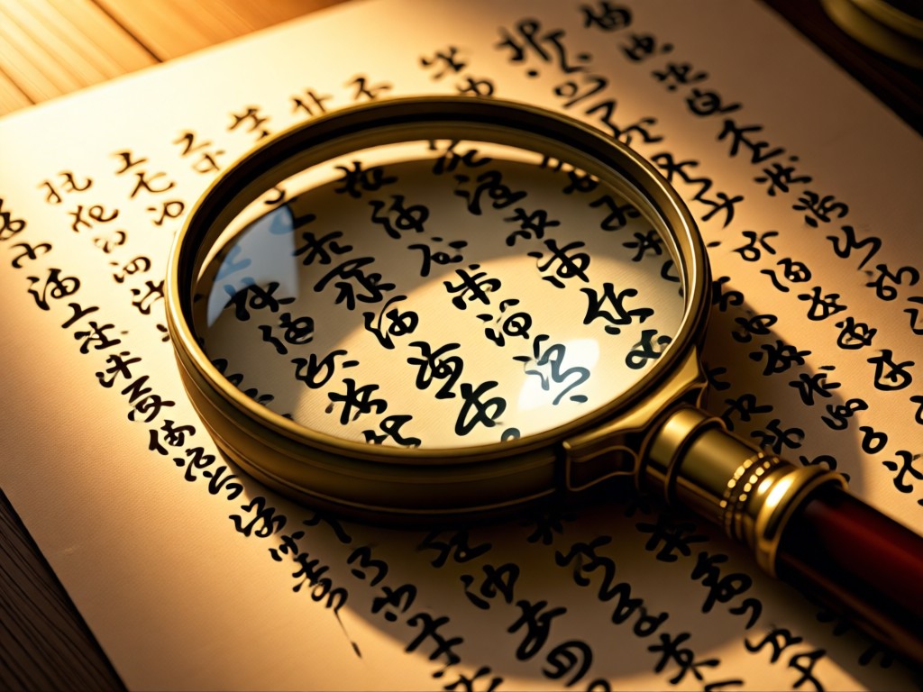 A magnifying glass resting on textured handmade paper, revealing intricate calligraphy beneath. Golden hour illumination. No people.