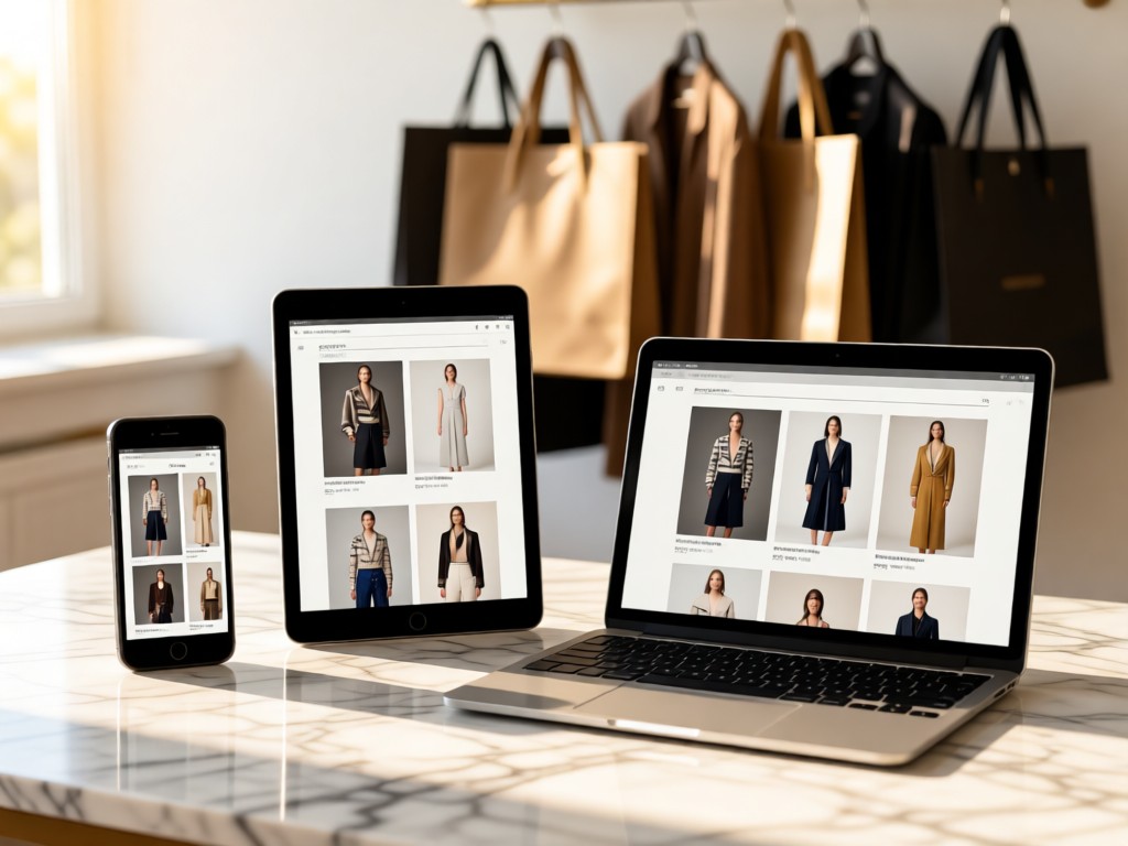 Three devices (phone, tablet, laptop) displaying a fashion portfolio on a marble surface. Soft focus background shows hanging garment bags. Morning light creates clean lines. No people.