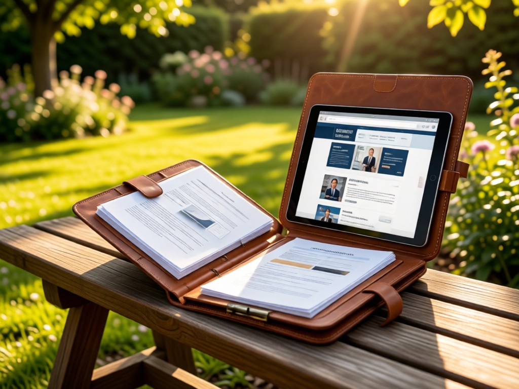 An open leather portfolio case on a wooden bench in a sunlit garden. Inside, neatly arranged documents and a tablet showing a website. Symbolizes organization and professional presentation. No people.