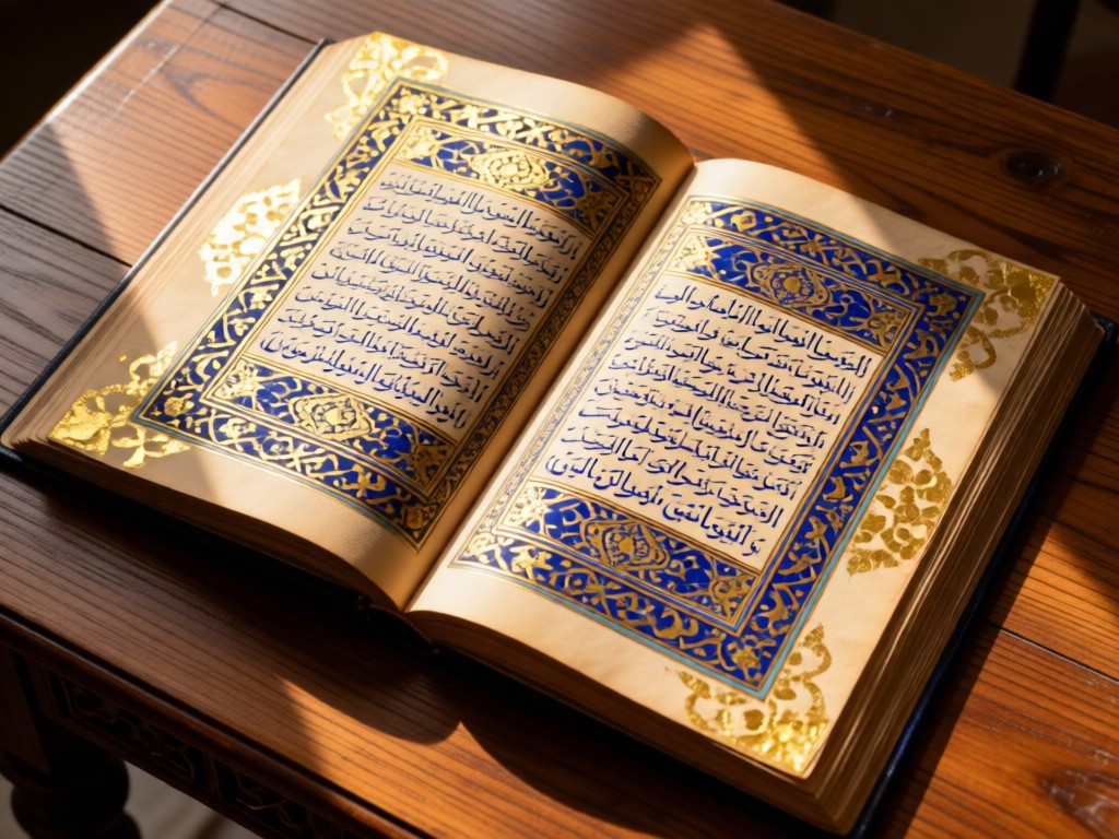 Overhead view of an open Persian manuscript with illuminated borders on a wooden table. Sunlight highlights gold leaf details and indigo ink patterns. No people.
