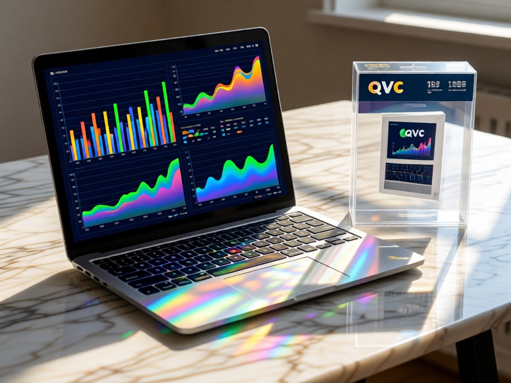 A sleek laptop showing colorful analytics charts beside a QVC product sample. Sunlight creates data reflections on a marble desk. No people.
