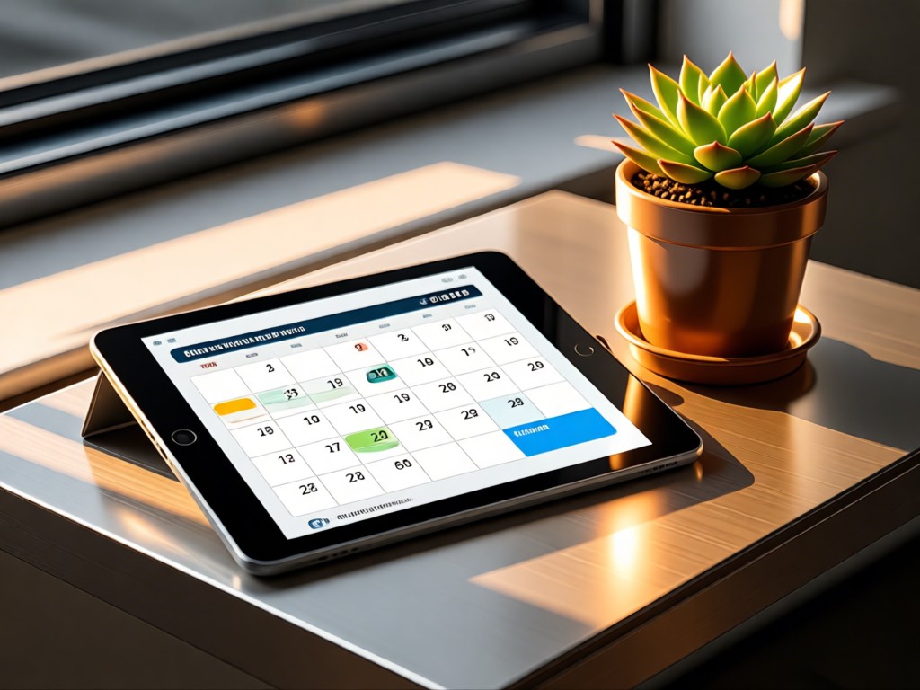 Modern tablet displaying a clean calendar interface beside a potted succulent. Morning light creates warm highlights on metallic surfaces. No people.