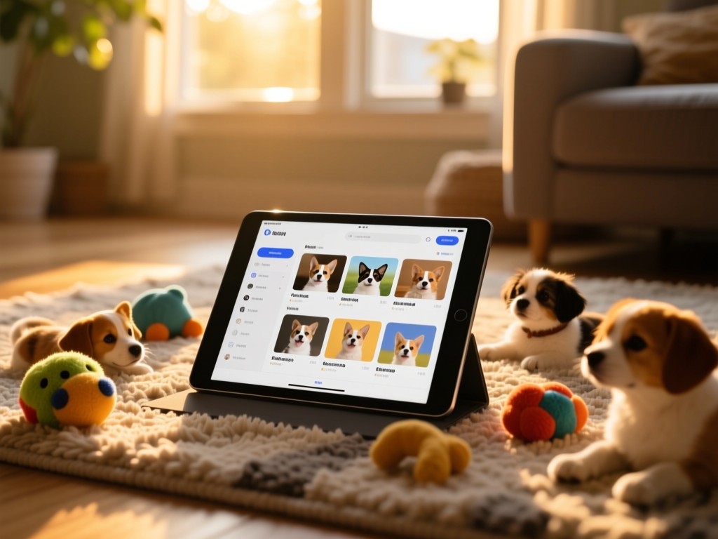 A tablet on a cozy rug surrounded by pet toys during golden hour, screen showing organized pet content gallery, warm sunlight filtering through window, shallow depth of field, natural tones.