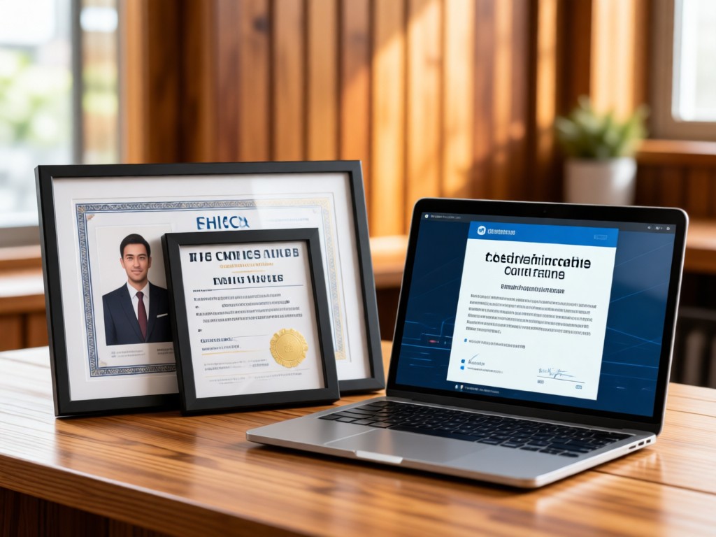 A clean arrangement of professional credentials: framed certificates beside a modern laptop showing a testimonial page. Soft focus background with warm wood textures. Natural light. No people.