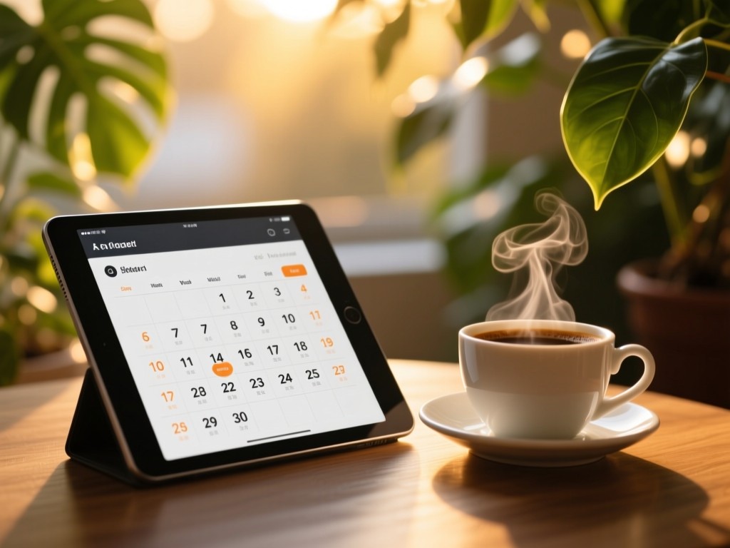 A sleek calendar app open on a tablet beside a steaming coffee cup. Soft bokeh background of leafy plants. Golden hour lighting. No people.