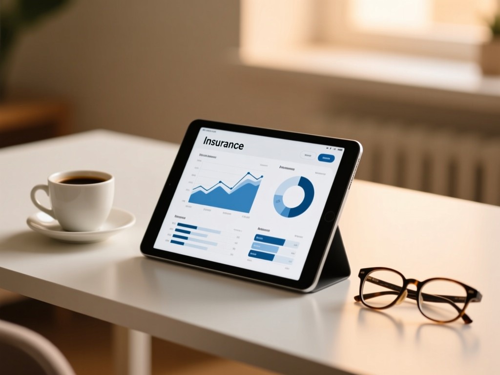 Minimalist desk with tablet showing insurance infographics. Coffee cup and reading glasses nearby. Soft focus background with warm light. No people.