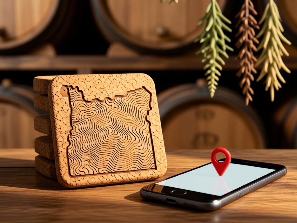 A rustic cork coaster with an engraved Oregon map beside a minimalist smartphone showing a location pin. Warm light highlights topographical details. Background features blurred barrel staves and hanging botanicals. No people.
