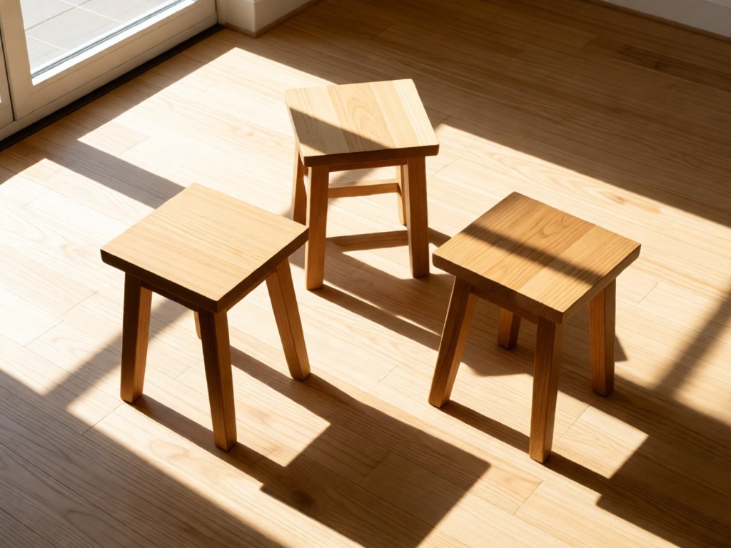 Three minimalist wooden stools arranged in a triangular composition on a light oak floor. Sunlight streams through a window, creating clean geometric shadows. Focus on texture and form. No people.