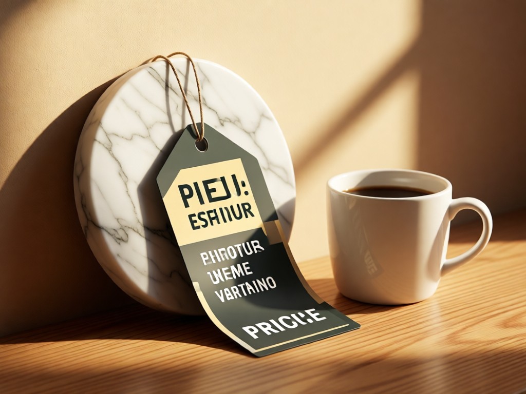 A sleek price tag mockup leaning against a marble coaster near a coffee cup. Warm, inviting light. Professional simplicity. No people.