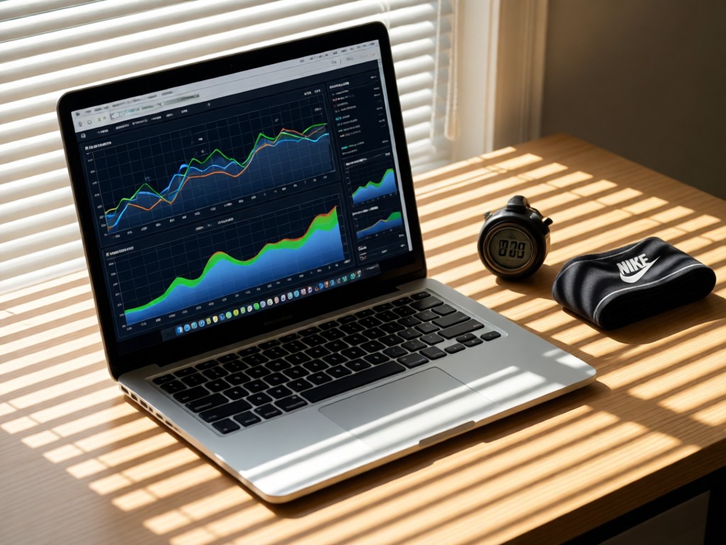 An open laptop showing clean athletic performance graphs. Beside it, a stopwatch and folded Nike sweatband. Morning light through blinds creates striped shadows. No people.