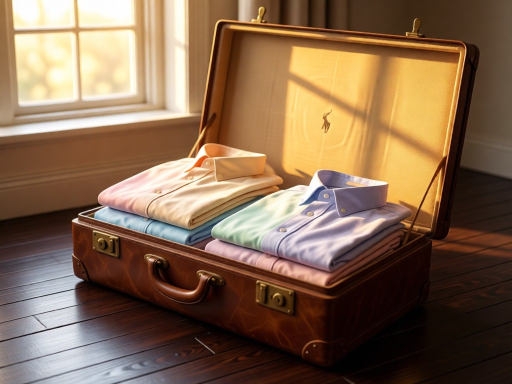 An open vintage leather suitcase displaying carefully folded Ralph Lauren oxford shirts in pastel colors. Golden hour light illuminates the fabrics against dark wood flooring. Background shows soft-focused window light. No people.