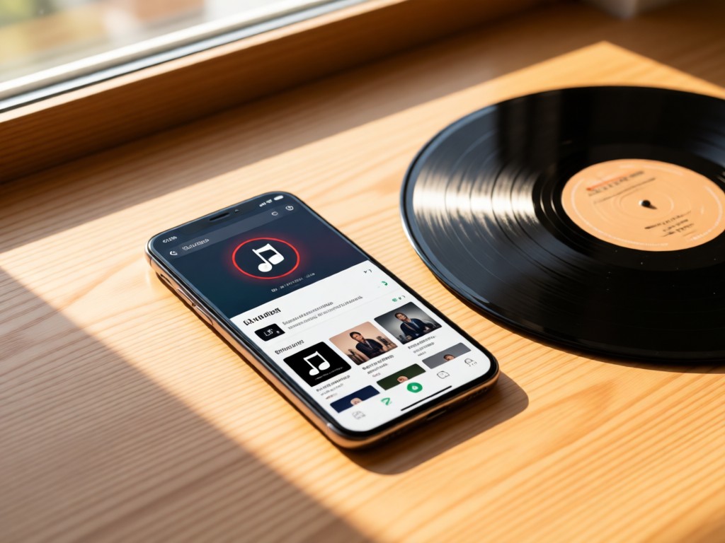 A smartphone displaying a music portfolio beside a vinyl record. Morning light through window creates soft shadows. Natural wood textures. Clean composition. No people.