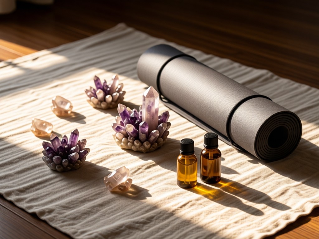 A neatly arranged wellness altar: crystal clusters, rolled yoga mat, and essential oil bottles on a linen cloth. Soft side lighting creates gentle highlights. No people.