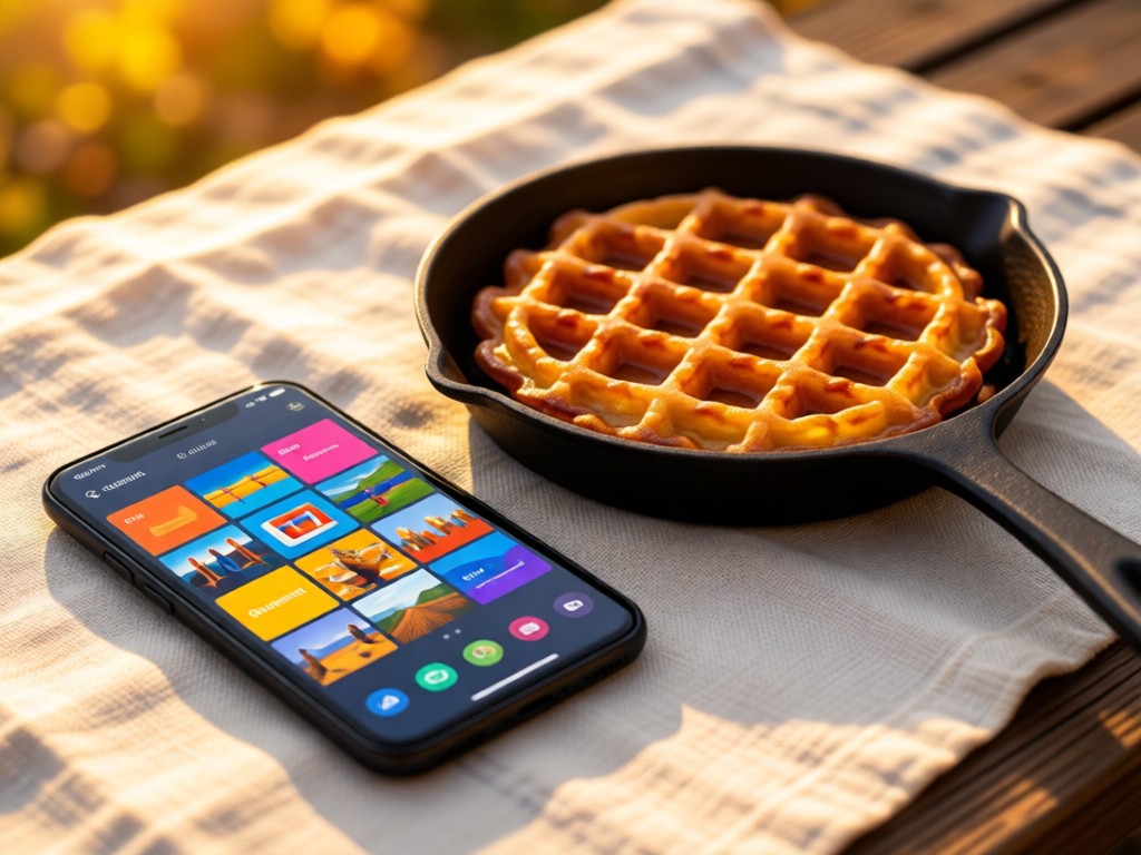 A smartphone displaying a vibrant portfolio grid beside a traditional Norwegian 'krumkake' iron on a linen cloth. Shallow depth of field with warm golden hour glow. No people.