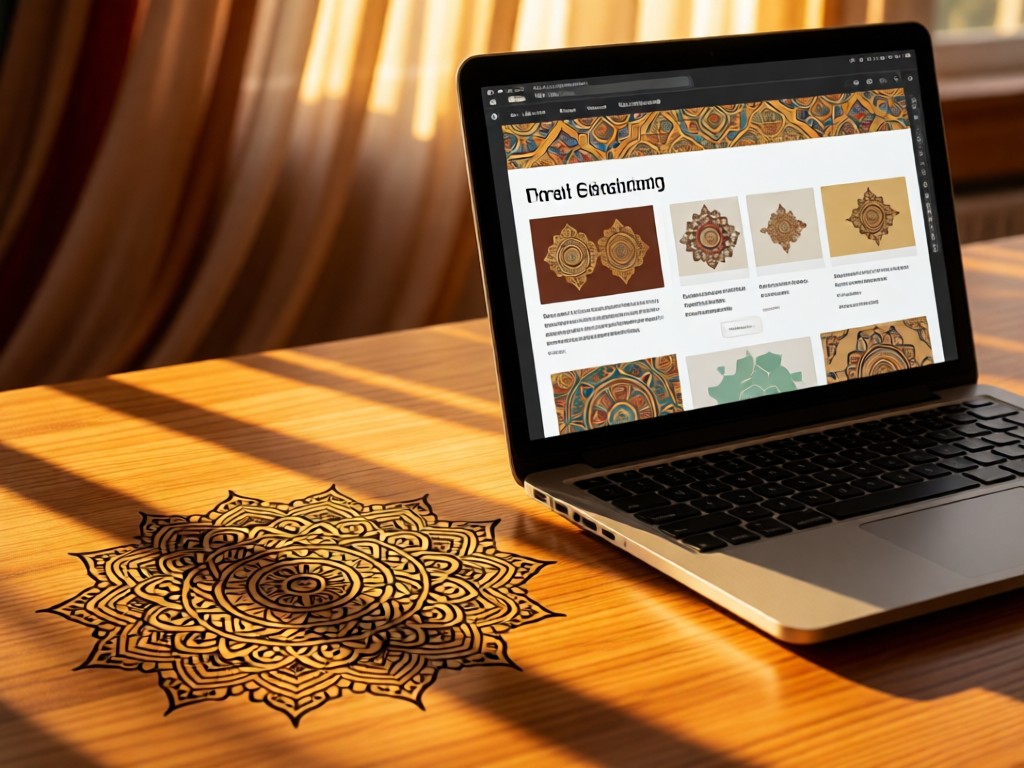 A close-up of intricate mehndi patterns next to a laptop showing a portfolio template with traditional motifs. Golden hour light casts long shadows across a wooden surface. Background features soft-focus fabric drapes. No people.