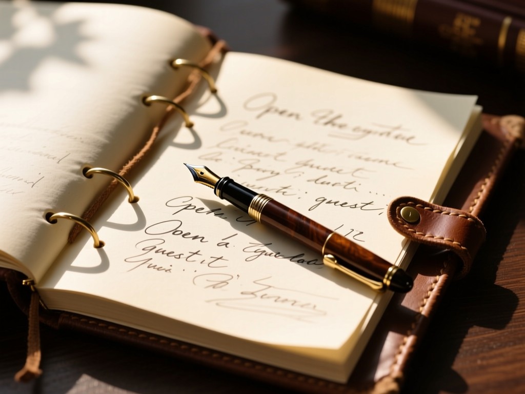 Open leather-bound guestbook with handwritten notes beside a vintage fountain pen. Sunlight highlights paper texture. No people.