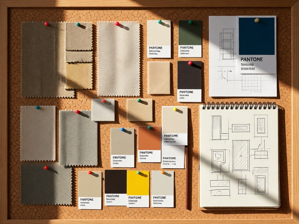 A designer mood board pinned to cork: fabric swatches, Pantone chips, and sketchbook pages. Morning light creates soft textures. No people.