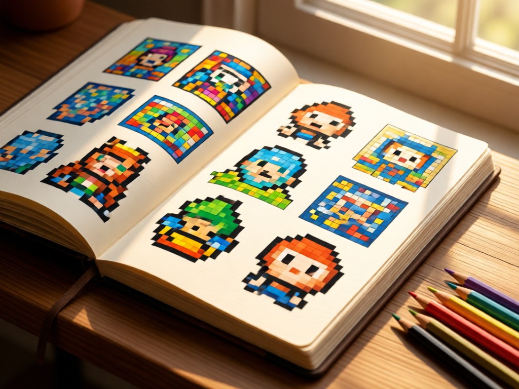 An angled view of a game design sketchbook open to pixel art concepts. Colored pencils lie nearby. Warm natural light creates depth and focus. No people.